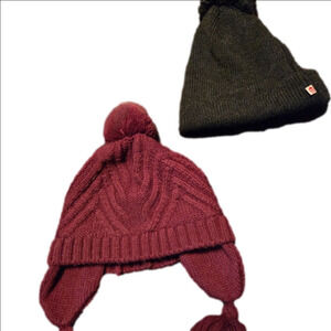 Kids Knit Pom-Pom Hats - Maroon and Charcoal